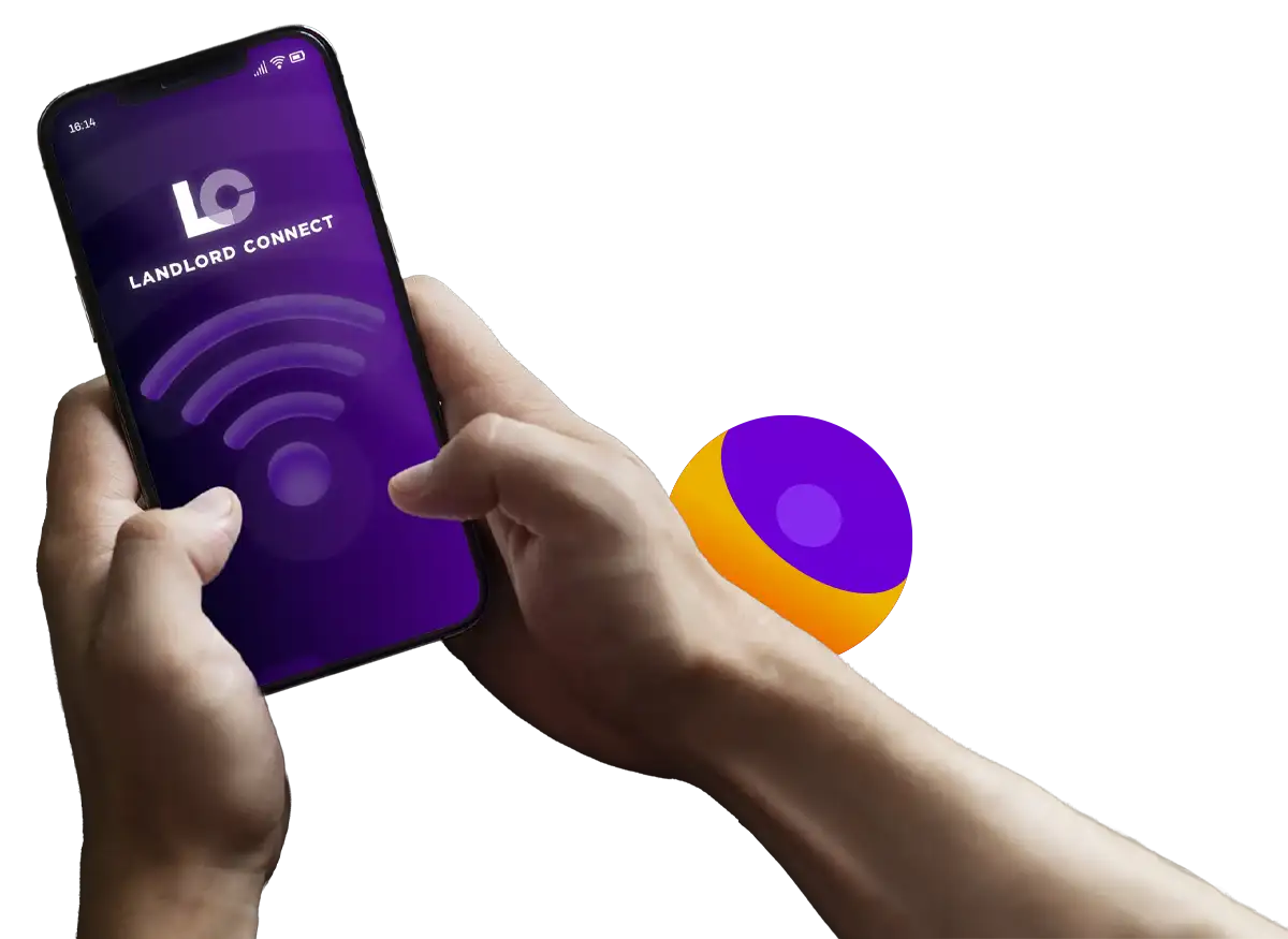 Two hands holding a phone displaying a Landlord Connect screen.