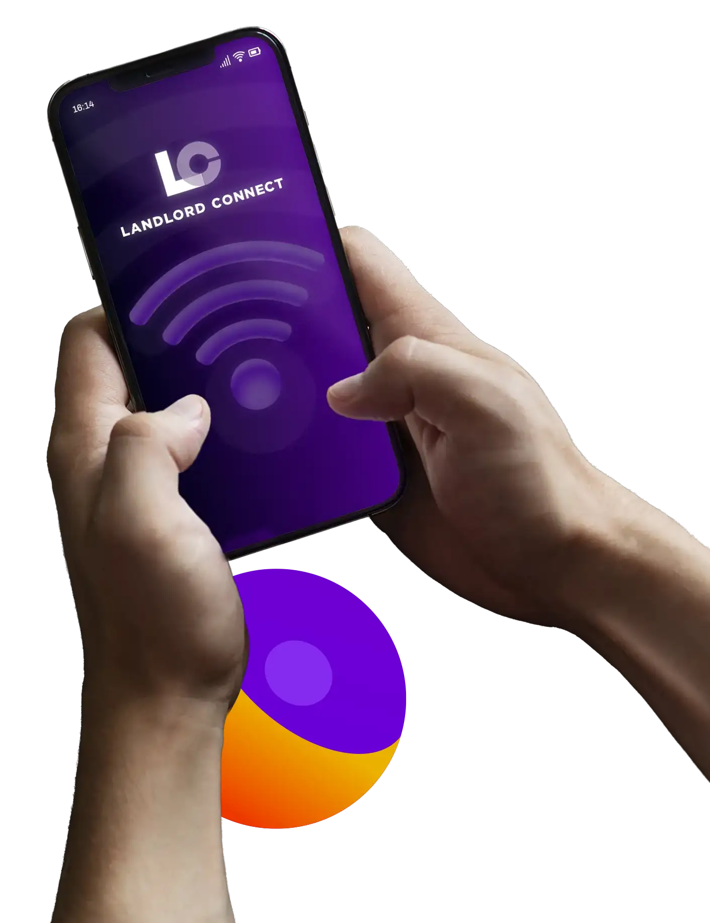 Two hands holding a phone displaying a Landlord Connect screen.