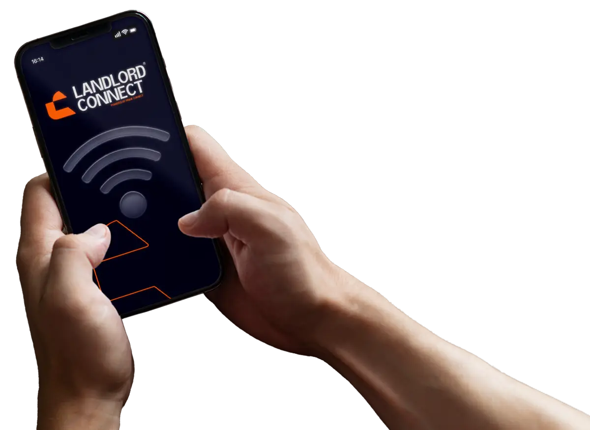 Two hands holding a phone displaying a Landlord Connect screen.