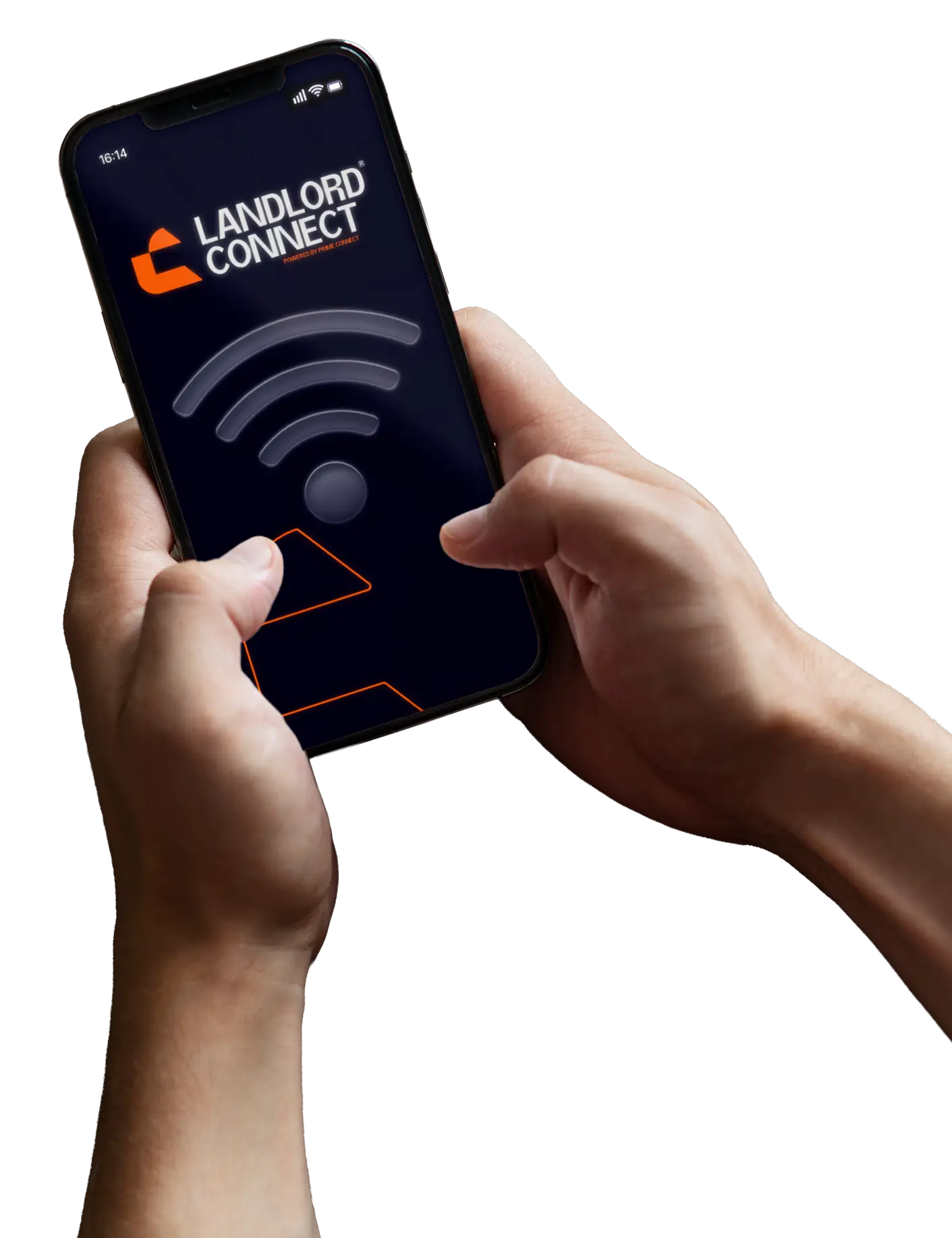 Two hands holding a phone displaying a Landlord Connect screen.